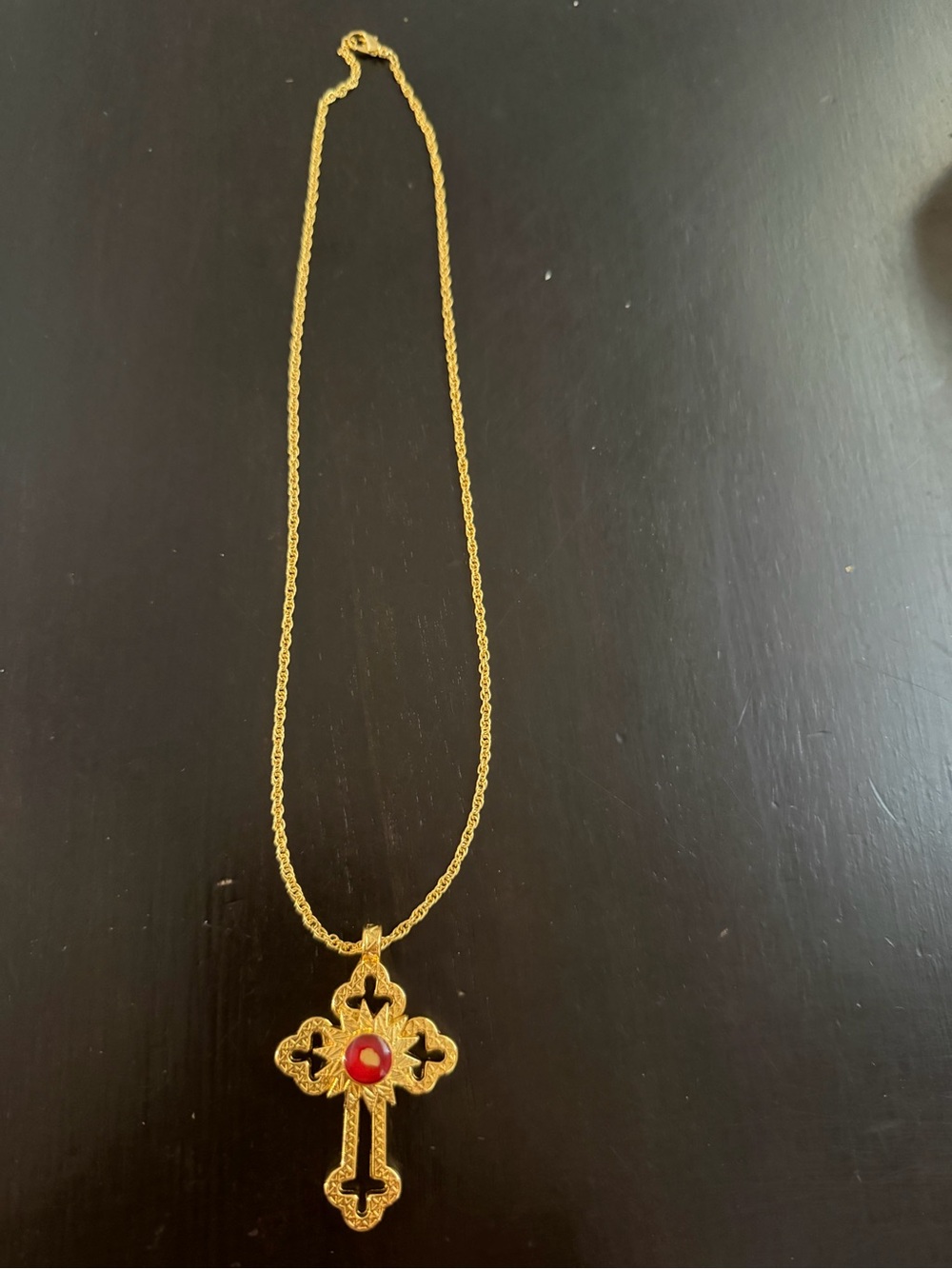 Gold Cross Pendant Necklace with Red Stone - Women Jewelry